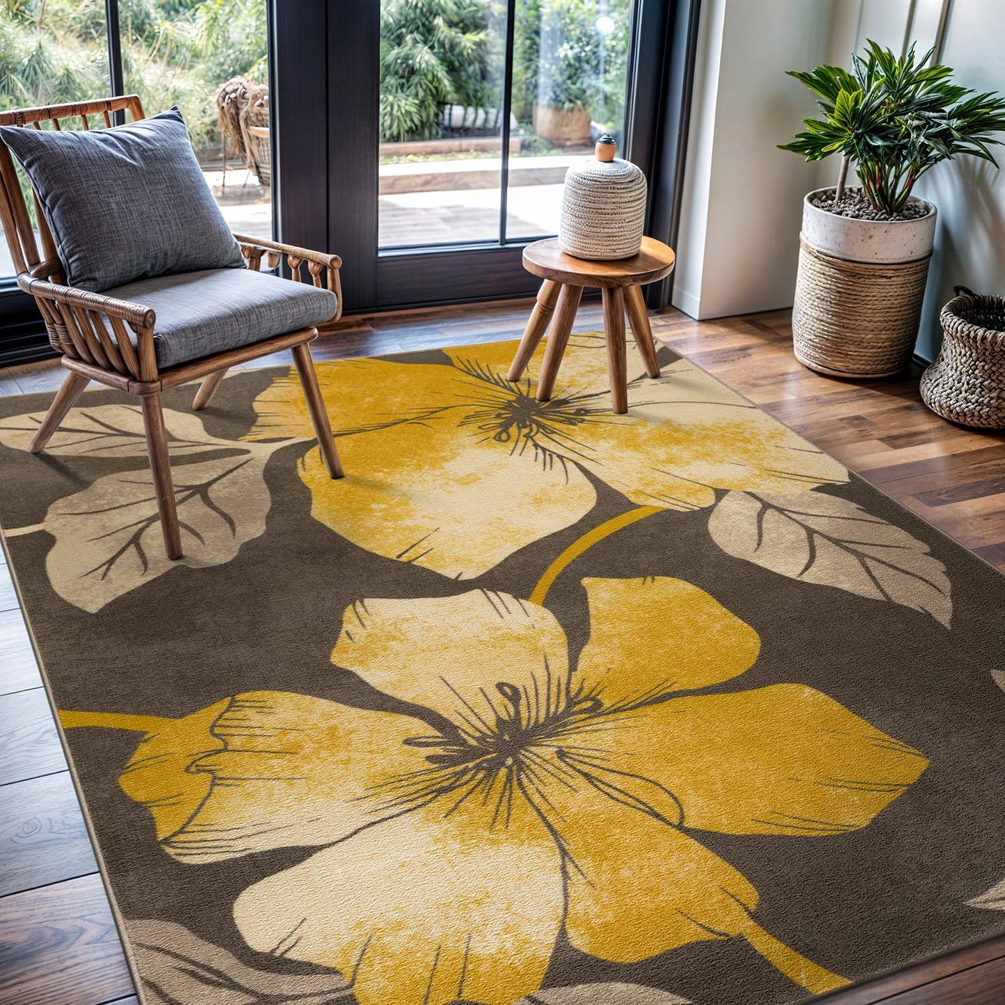 CAMILSON Solana Modern Floral 6'7" x 9'0" Area Rugs Non-Skid (Non-Slip) Rubber Backing Yellow Brown Flowers Indoor Rug (6x9, Floral - Yellow/Brown)