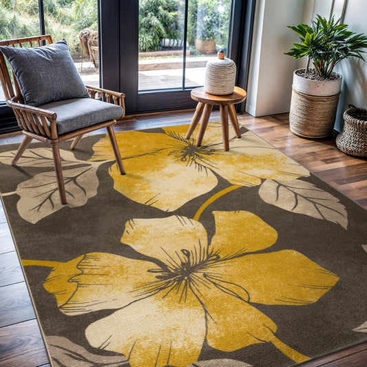 CAMILSON Solana Modern Floral 6'7" x 9'0" Area Rugs Non-Skid (Non-Slip) Rubber Backing Yellow Brown Flowers Indoor Rug (6x9, Floral - Yellow/Brown)