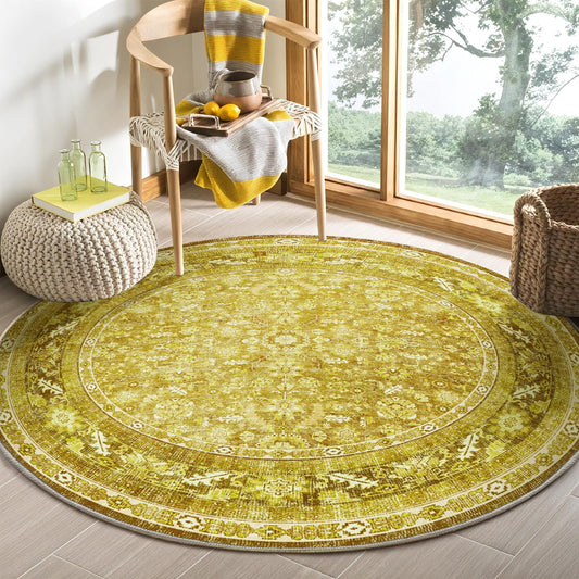 OPPODREAM Vintage Yellow Round Rug 5ft, 5 ft Retro Washable Circle Rug Non Slip, Low-Pile Faux Wool Circular Carpet, Distressed Floor Mat for Living Room, Bedroom, Office, Dorm, Dinning Room