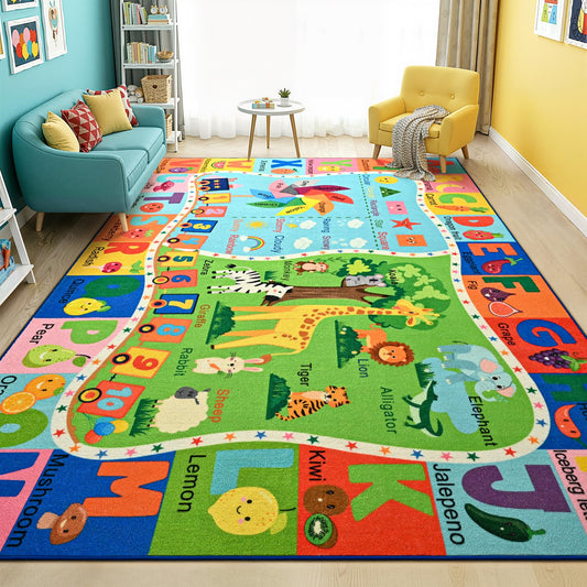 Maxsoft Kids Rug for Playroom, Educational 6x9 Play Mat for Classroom, Washable Playmat for Learning ABC Alphabet Animal Colors Shapes Numbers Daycare Rug for Kids Room Nursery Children Toddler