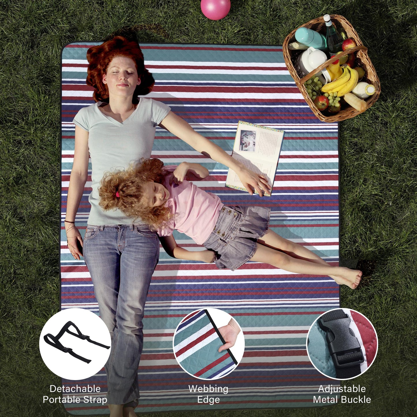 HX&OD Large Picnic Blanket Outdoor 80”x60” Waterproof Picnic Mat Foldable 3-Layer Camping Blanket Portable with Carry Strap Park Blanket for Grass(Red)