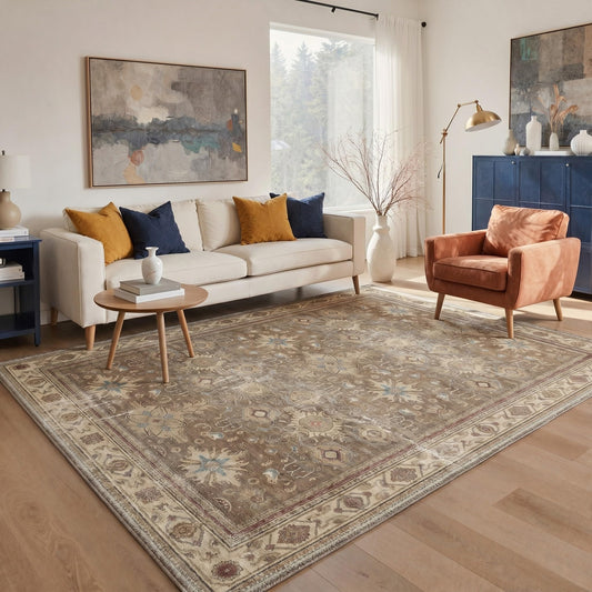 Bavni 5x7 Area Rug for Living Room Bedroom, Washable Boho Print Vintage Oriental Floral Rug, Ultra-Thin Low Pile Rugs for Entryway Playroom with Non Slip Backing, Dusty Brown