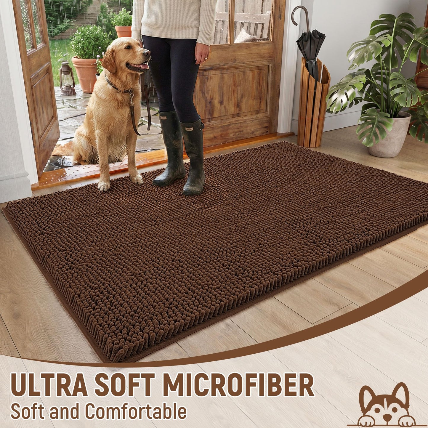 HOMEK Absorbent Dog Door Mat for Muddy Paws, 72" x 36" Chenille Indoor Mats for Entryway, Trap Dirt Front Door Mat Indoor Entrance Washable Non Slip Soft Brown