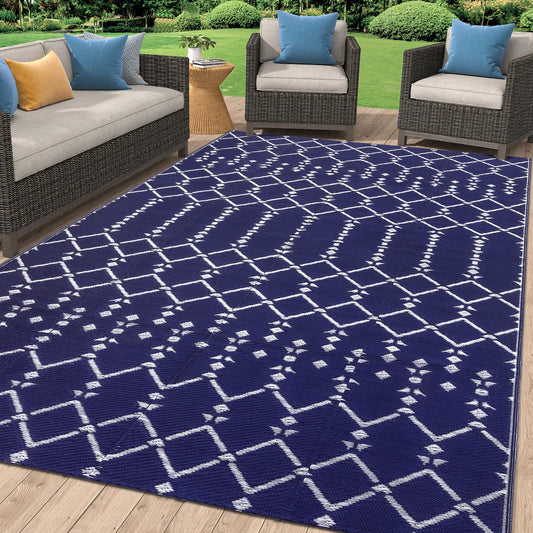 Smiry Outdoor Rug 6x9 ft, Waterproof Reversible Plastic Straw Rugs, Boho Outdoor Area Rug, Outside Floor Mat for Patio, Backyard, Deck, Picnic, Beach, Camping, Navy