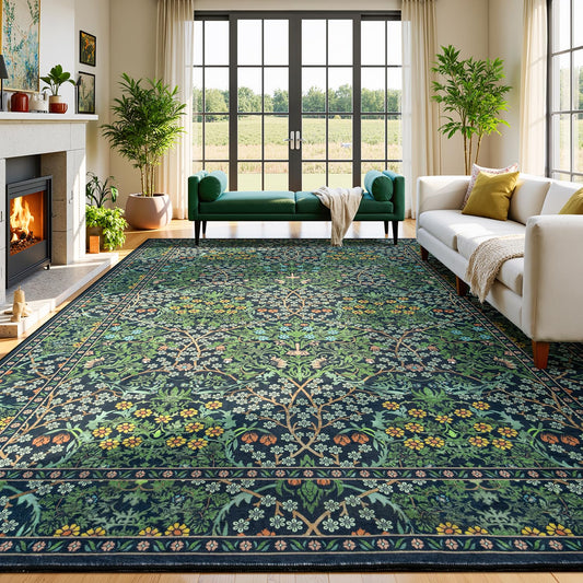 Lessymo Floral Living Room Rug 8x10 Area Rugs, Vintage Forest Washable Rugs for Dining Room Bedroom, Low Pile Non Slip Rubber Green Mat, Distressed Retro Indoor Boho Carpet, Forest Green