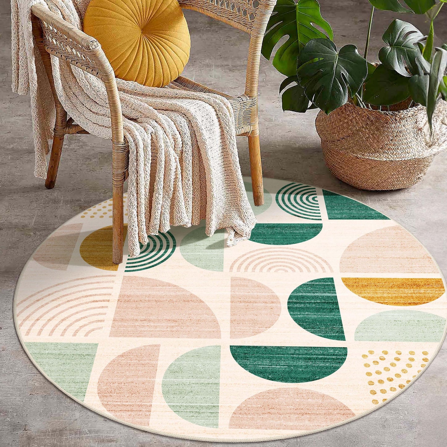 MUJOO Round Rug 4ft,Small Circle Area Rug Washable,Circular Rugs for Entryway Bedroom Kitchen,Boho Non Slip Throw Floor Carpet Modern Abstract Sage Green