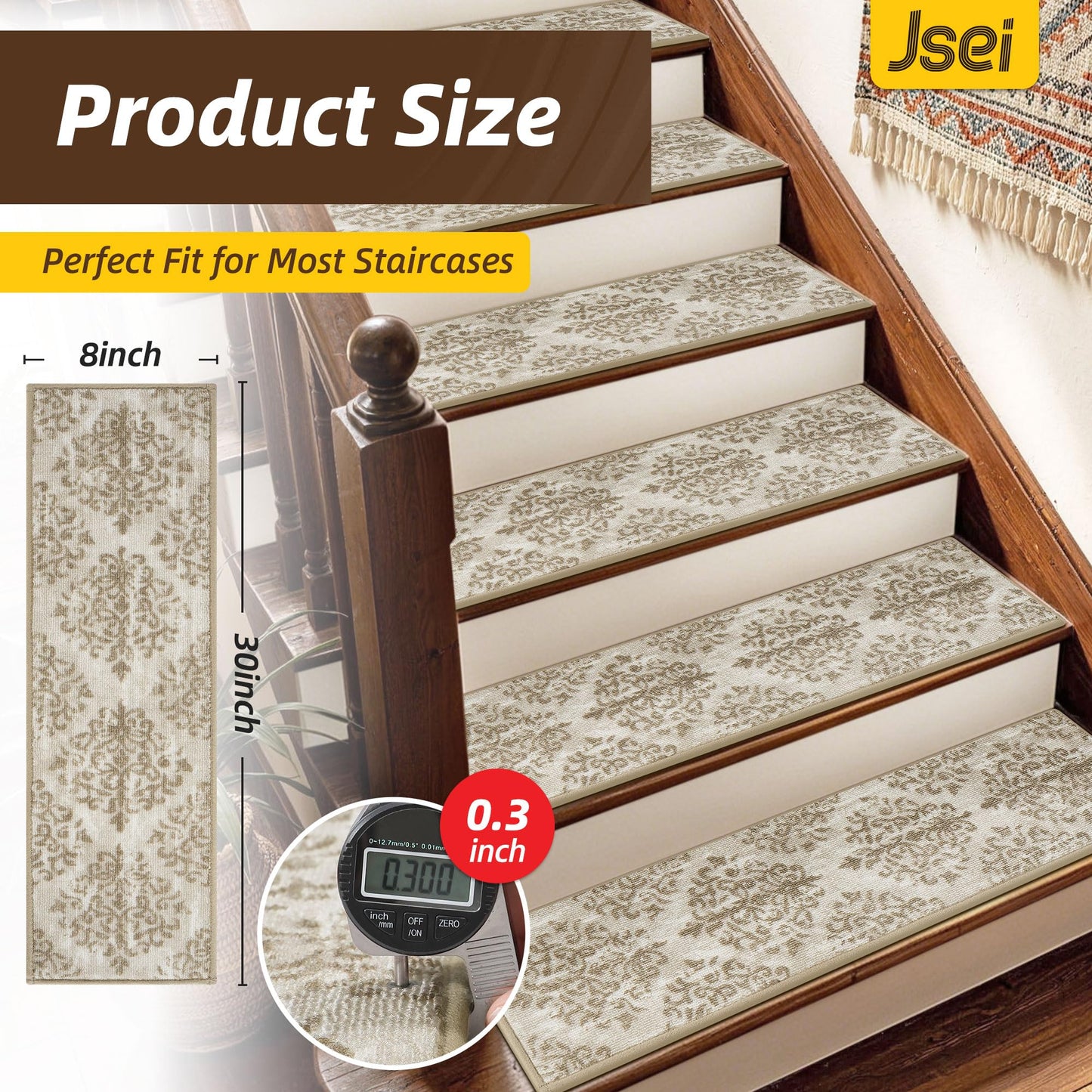 JSEI Stair Treads for Wooden Steps, 15 Pack 8" X 30" Non-Slip Machine Washable Carpet Stair Treads with TPE Backing, Indoor Stair Rug Runner for Kids Elders & Pets, Polyester, Light Beige/Brwon