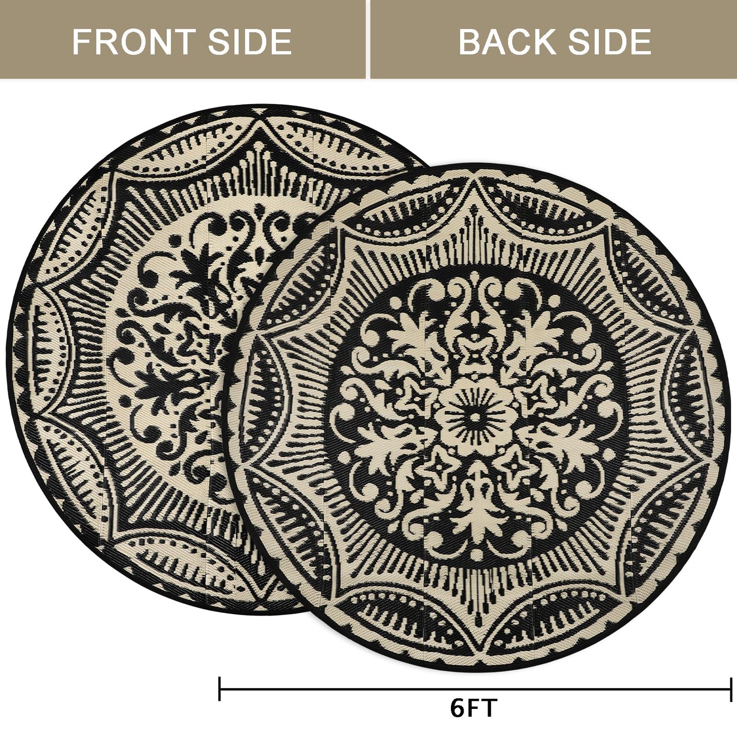 Capslpad 6x6 Floral Outdoor Rug for Patio Clearance Reversible Mat Round Portable Plastic Straw Carpet Waterproof Boho Outside Area Rug for RV Camping Picnic Tent Balcony Beach Deck, Black and Brown
