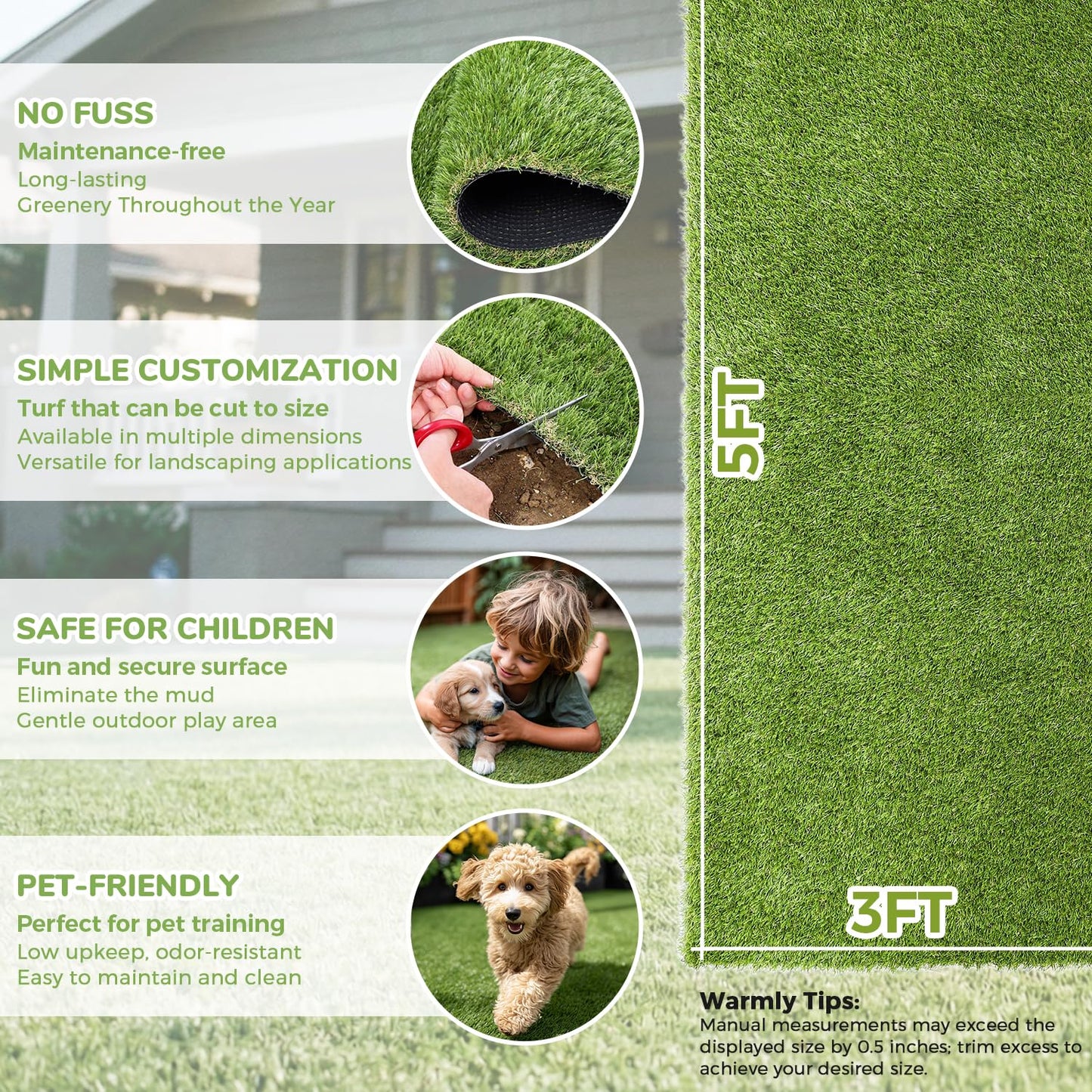 Artificial Grass Rug Indoor Outdoor, 3 x 5FT Faux Grass Turf with Drainage Holes, Realistic Artificial Lawn Rug Dog Pets Mat, Turf Carpet for Garden Lawn Landscape Balcony Patio Backyard Decor