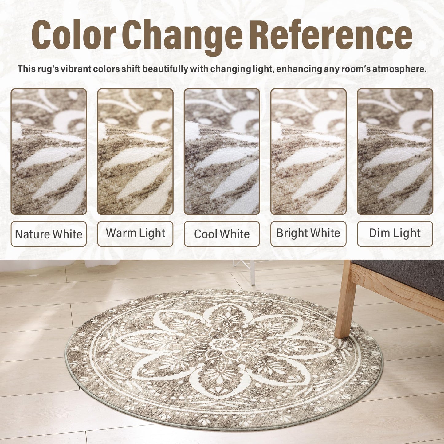 Carvapet Round Rugs Vintage Circle Rug - Washable Non Slip Rubber Backing Foldable Low Pile for Living Room Bedroom, 4 ft Brown Rug