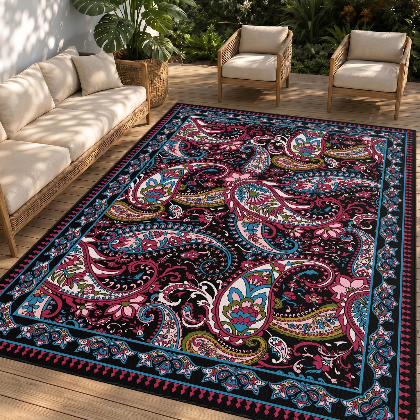 Arenarug Paisley Outdoor Rug Waterproof 4x6, UV Resistant Non Slip Patio Rug, Indoor Outdoor Boho Camping Rug Linen-Look RV Carpet for Deck Balcony Backyard, Magenta‌