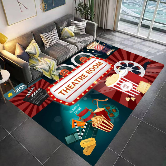 Houient Movie Theatre Rug, 5x6ft, Retro Cinema Themed Style Popcorn Filmstrip and Drink Design Doormat, Modern Home Theater Room Deco Carpet with Anti-Skid Backing for Indoor Bathroom Dorm Playroom