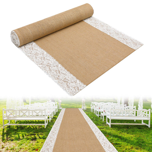 moonoom 20 Ft x 36 in Natural Burlap Wedding Aisle Runner, Rustic Jute Weddings Runway Carpet with Lace, Ceremony Burlap Carpet Roll for Beach Garden Church Reception Craft Decor