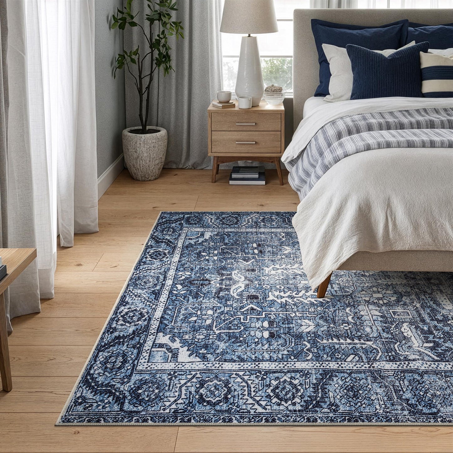 Bloom Rugs Washable Non-Slip 5' x 7' Rug - Blue Traditional Area Rug for Living Room, Bedroom, Dining Room, and Kitchen - Exact Size: 5' x 7'