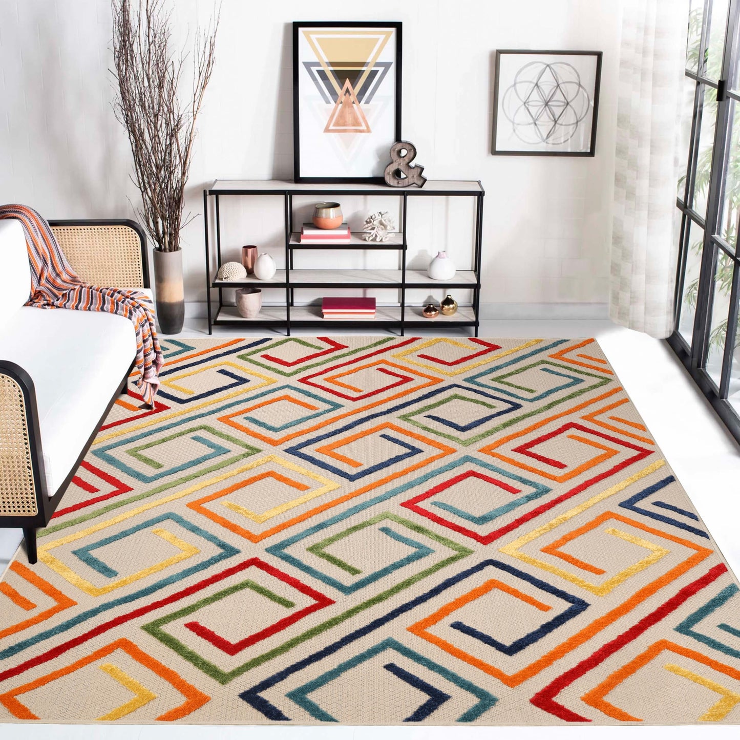 Superior Indoor Outdoor Area Rug, Perfect for Patio, Bedroom, Kitchen, Laundry Room, Entryway, Office, Playroom, Carpet Cover, Modern Geometric Farmhouse, Ares Collection, 5' 2" x 7' 2", Cream