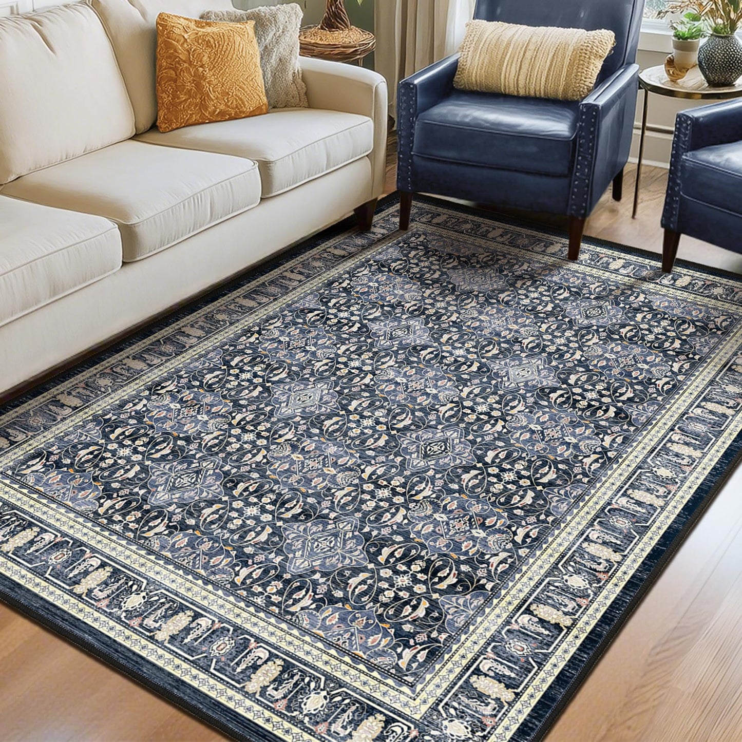 Jainmy Dark Blue 5x7 Area Rugs for Living Room Bedroom, Transitional Boho Moroccan Floral Trellis Printed, Washable Non Slip Low Pile Ultra Thin Soft Carpet Rugs for Dining Room/Kitchen/Home Office