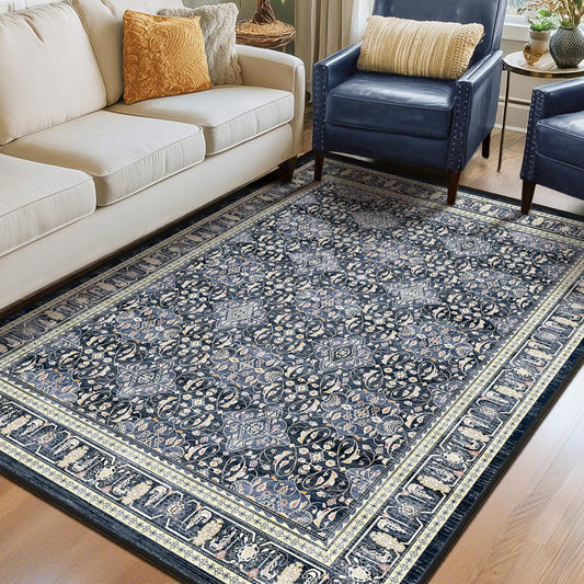 Jainmy Dark Blue Area Rug 6x9, Boho Floral Moroccan Trellis Printed Transitional Style Rugs for Living Room Bedroom, Washable Non Slip Low Pile Thin Carpet Rug for Dining Room Guest Room Home Office