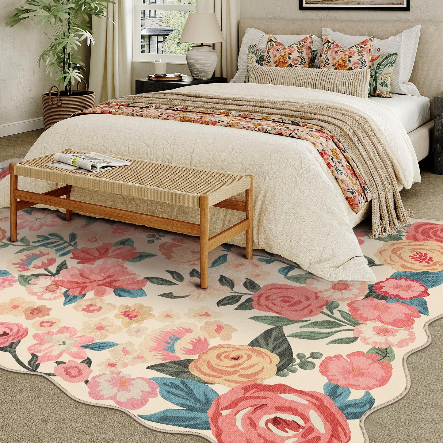 PureCozy Washable Floral Area Rug 8x10 Beige Living Room Large Carpet Bedroom Scalloped Flower Non Slip Soft Throw Rug Farmhouse Low Pile Thin Indoor Floor Cover for Dining Room Office