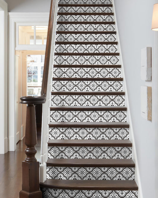 FLFK Black Patterns Stair Stickers - Set of 15, Peel and Stick Stair Riser Decals, 39.3"x7.08"