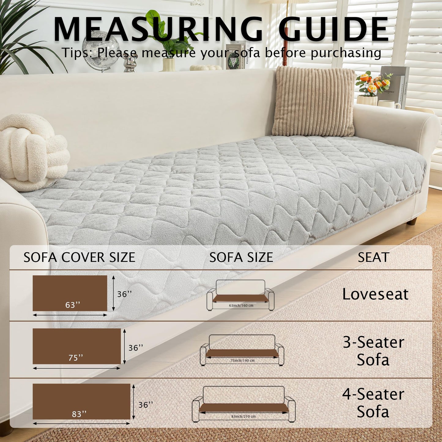 PuTian Waterproof Couch Cover for Dogs - Washable Sectional Sofa Cover with Non-Slip Straps, Pet Friendly Couch Protector & Dog Mat - 36''X63'' 90cmX160cm Light Gray
