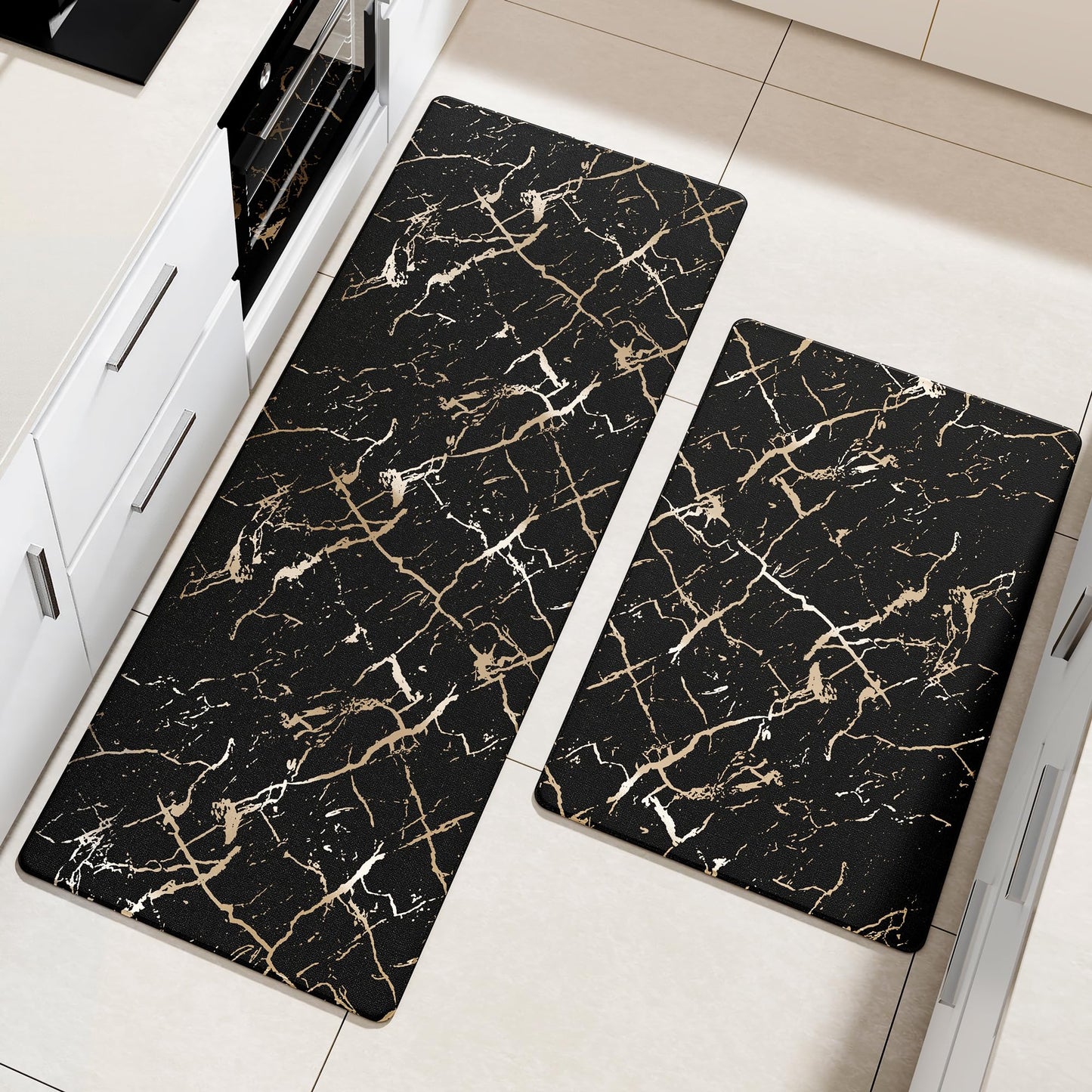 Gold Foil Stamped Marble Kitchen Mats for Floor 2PCS Cushioned Anti Fatigue Non Slip Waterproof Comfort Leather Kitchen Rugs 2/5 Inch PVC Kitchen Mats for Sink, Laundry, 17.3"x28"+17.3"x47", Black