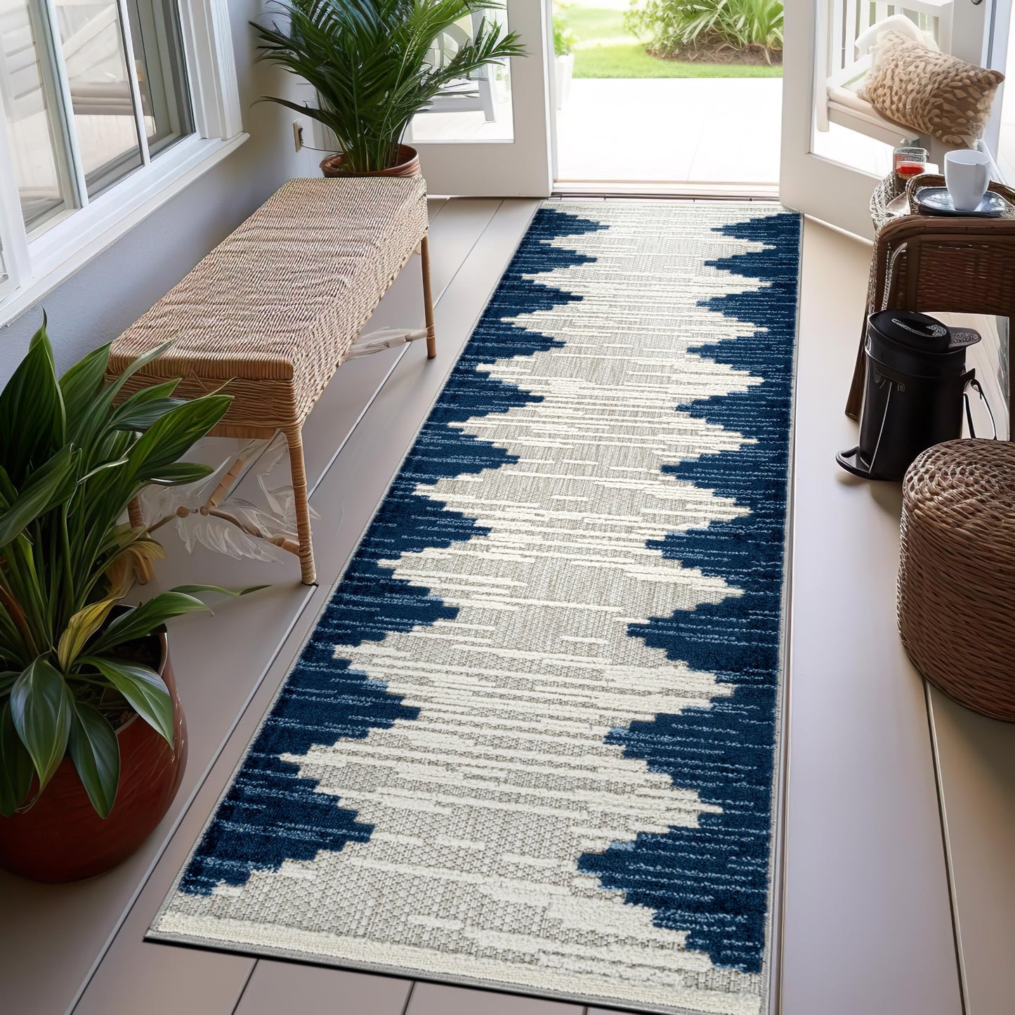 Rugshop Indoor/Outdoor High-Low Textured Runner Rug, Geometric Bohemian, Easy-Clean Patio Rug for Porch Deck Balcony 2' x 7' Dark Blue