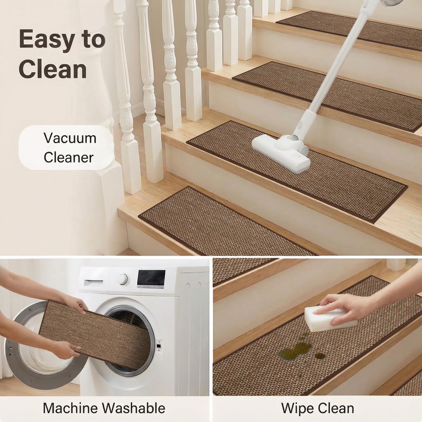 RULDGEE Stair Treads Non Slip for Wooden Steps Indoor 9"x30",15 Pack Stair Runner Peel and Stick Carpet Stair Treads for Kids and Dogs,Machine Washable,Brown