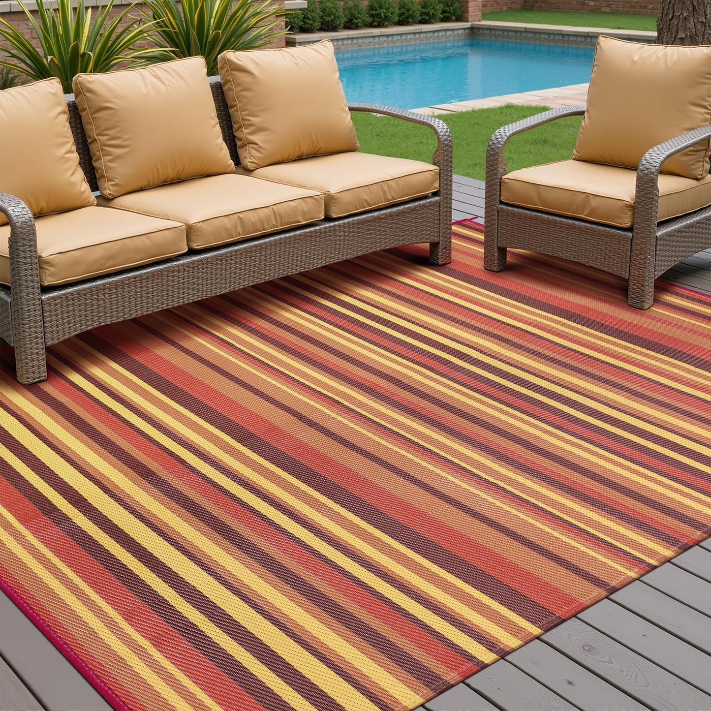 WondRg Outdoor Plastic Straw Rug Waterproof Patio 6x9 Red Orange Stripe Mat for Porch Camping RV Balcony Deck Courtyard Reversible Lightweight Durable Portable Carpet