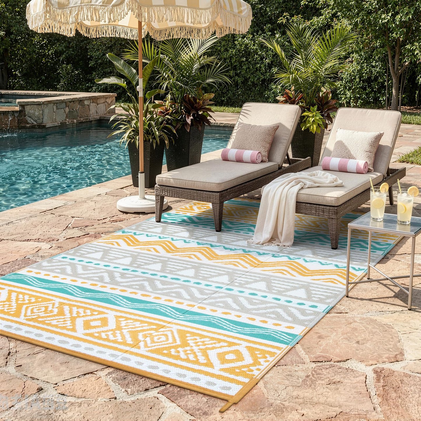 Lahome Outdoor Rug Waterproof, 5x8ft Reversible Outdoor Plastic Straw Rug for Camping Patio, RV Outdoor Rugs Outside, Outdoor Carpet for Porch Deck Backyard Balcony Picnic(Blue/Yellow,5'x 8')