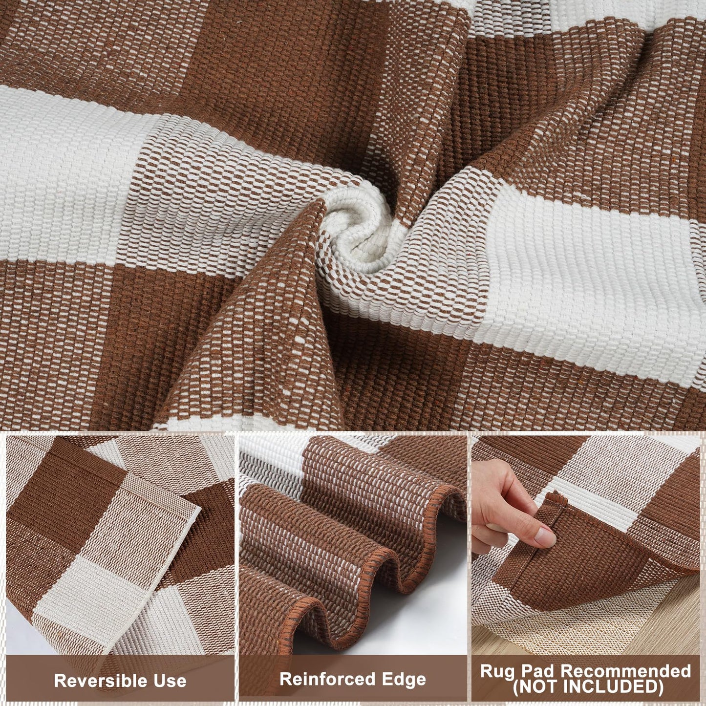 LEEVAN Buffalo Plaid Outdoor Rug, Earthy Tones Washable Checkered Front Porch Rug, 27.5x43 Inch Brown and White Cotton Woven Farmhouse Decor Layered Door Mats for Entryway/Kitchen/Bedroom