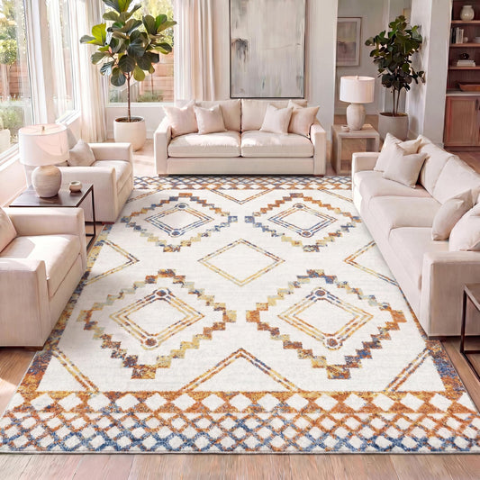 JONATHAN Y Amir Moroccan Beni Souk Ivory/Blue/Orange Indoor Area Rug, 3x5, Bohemian, Scandinavian, Easy-Cleaning for Living Room, Bedroom, Kitchen, Pet Friendly, Non-Shedding (MOH200E-3)