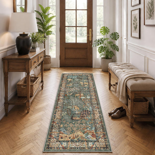 Runner Rug 2x6 Animal Botanical Trees Print Rug Vintage Kitchen Rugs Low Pile Non Slip Stain Resistant Hallway Runners Whimsical Long Carpets for Living Room Bedroom, Laundry Dorm, Green
