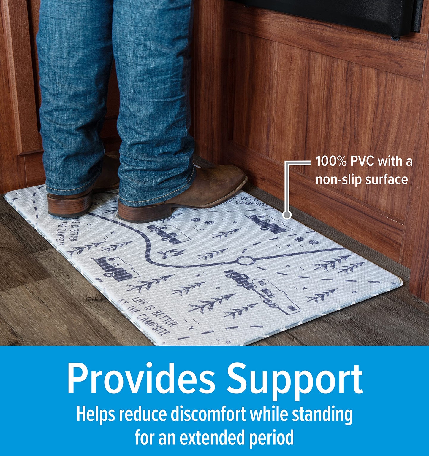 Camco Life is Better at The Campsite Anti-Fatigue Kitchen Mat - Features RV Map Design & Non-Slip Surface - Reduces Discomfort While Standing for Extended Time - 30 x 18 x 3/8 in (53436)