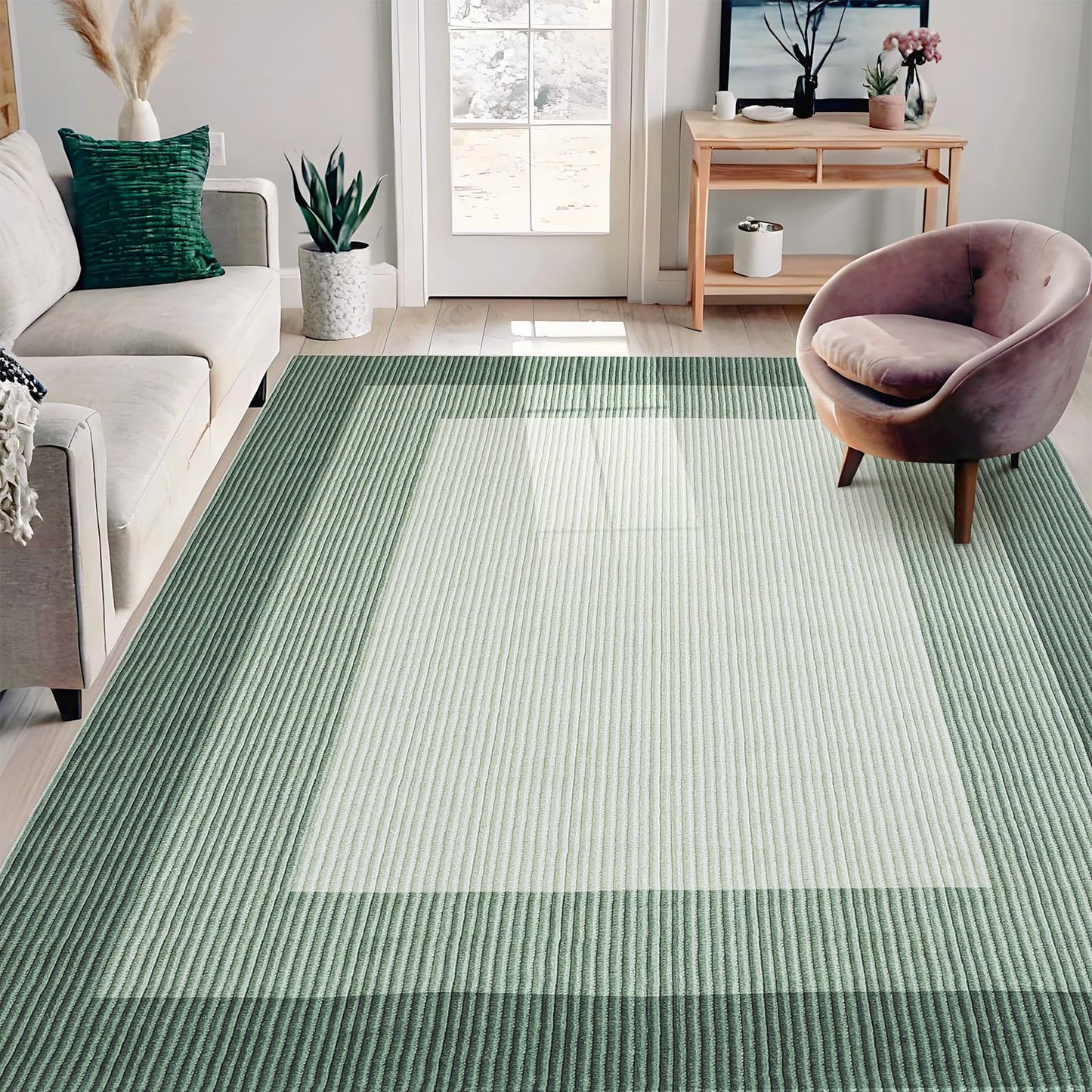 GarveeHome Washable Rug 8x10 Living Room Rug Neutral Bordered Carpet for Dining Room Solid Non Slip Low Pile Pet Friendly Large Carpet for Farmhouse Apartment Bedroom Dorm Green