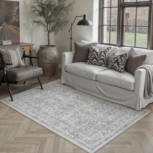 PureCozy Gray 3x5 Area Rug Entryway Washable Vintage Carpet Office Small Indoor Non Slip Soft Low Pile Thin Stain Resistant Distressed Accent Throw Rug for Entrance Bedroom Dining Living Room