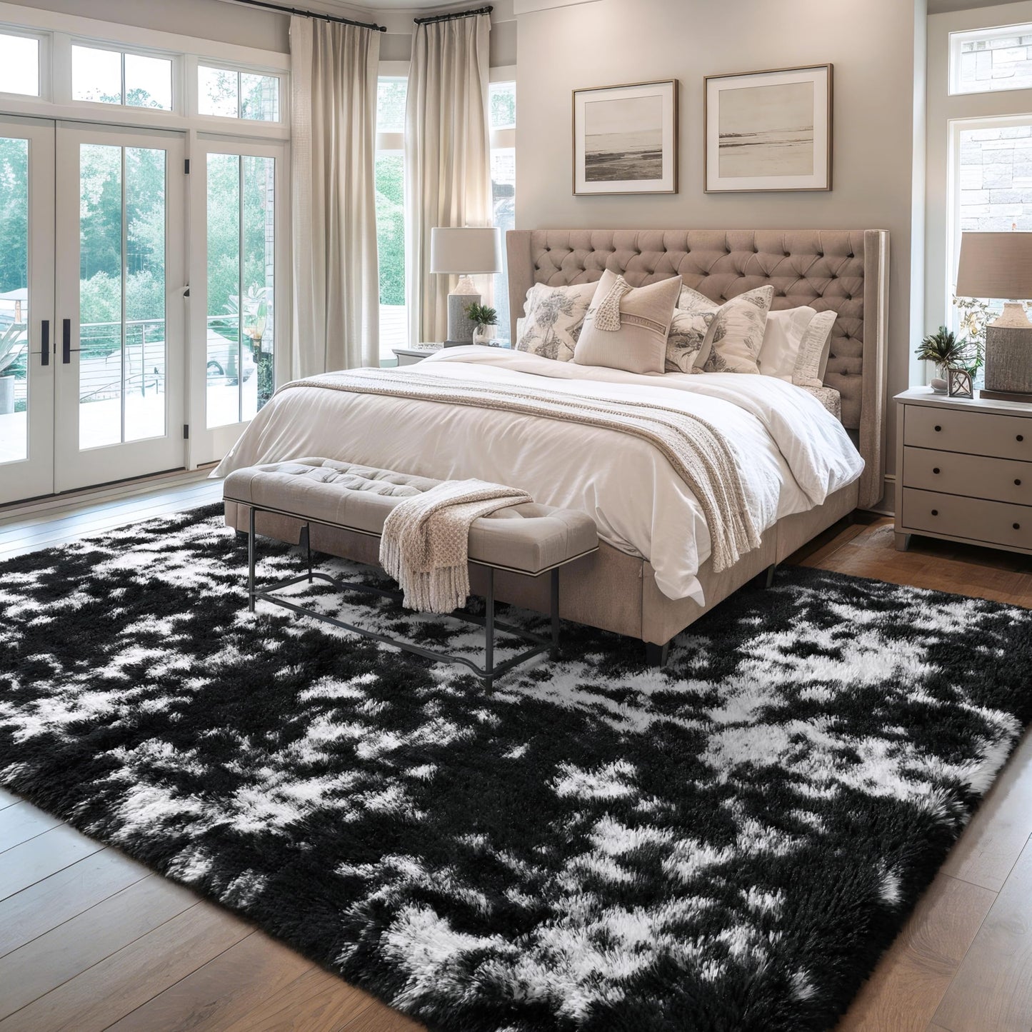 KIXINWA Rug for Bedroom, 4x6 Area Rug for Living Room, Fluffy Carpet for Kids Nursery Dorm Room, Soft Shag Non Slip Floor Rugs, Home Décor Carpet, Machine Washable, Tie-Dyed Black and White