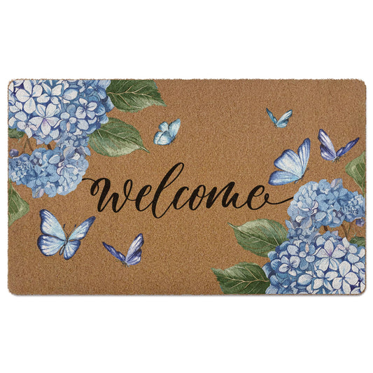 Qskjre Hydrangea Floral Welcome Door Mat, Blue Flower Butterfly Farmhouse Artificial Coir Front Door Mat Indoor Outdoor Entrance, Cute Rustic Doormat Rug for Porch Entryway Patio Decor,17X30 Inch
