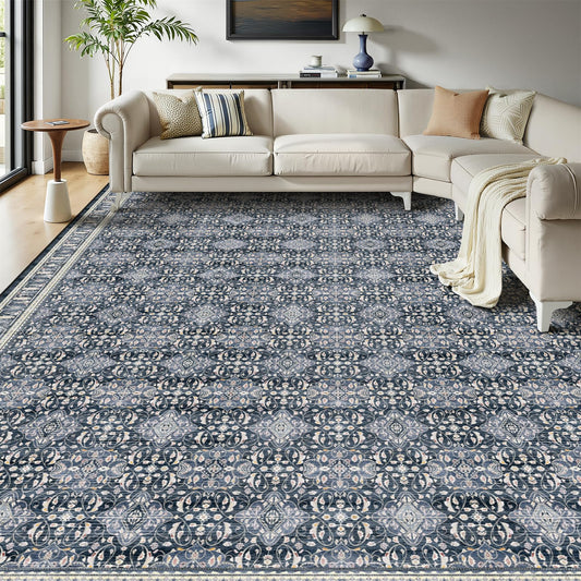 Jainmy Boho Floral Moroccan Trellis Large Area Rugs 9x12 for Living room, Dark Blue Classic Transitional Style Room Carpet Rug for Bedroom Dining Room, Washable Rug with Rubber Back Low Pile Thin Soft