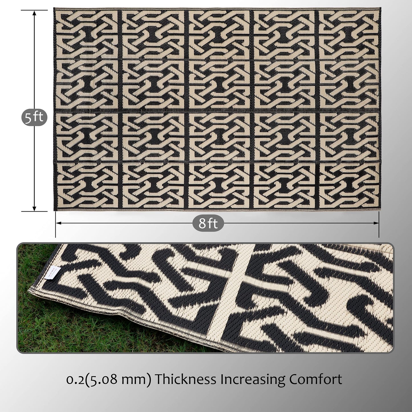 SAND MINE Reversible Mats, Plastic Straw Rug, Modern Area Rug, Large Floor Mat and Rug for Outdoors, RV, Patio, Backyard, Deck, Picnic, Beach, Camping, Trailer, Black & Beige, 5' x 8'