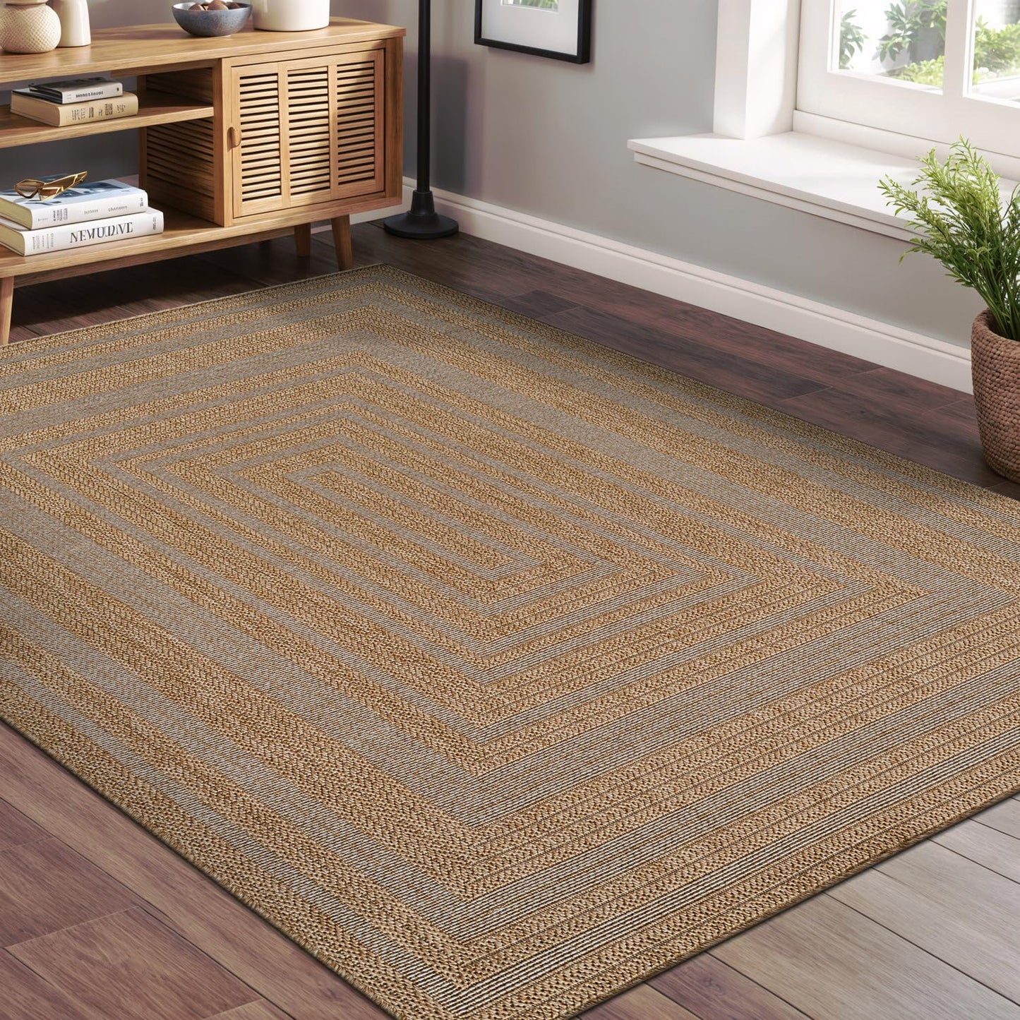 Beverly Rug Easy Jute Framed Border Rug 6x9 Washable Durable Indoor Outdoor Area Rugs for Living Dining Room Patio Office Stain Resistant Non Shedding Casual Indoor Outside Carpet 6 x 9 Natural
