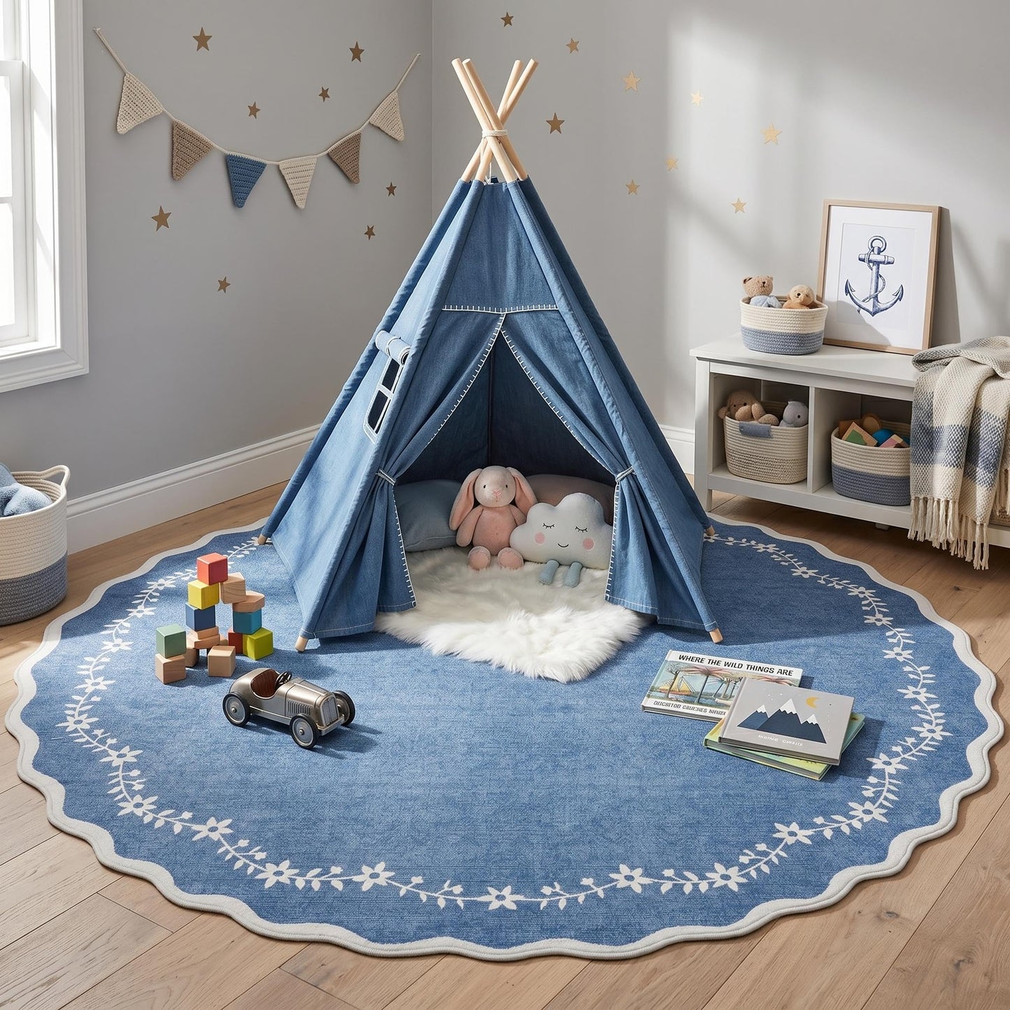 GarveeHome Round Area Rugs 4ft for Kids Room, Solid Navy Scalloped Washable Circle Rug Soft Non Slip Floral Print Floor Mat Carpet Indoor Thin Tent Rug for Bedroom Dining Room Playroom Nursery