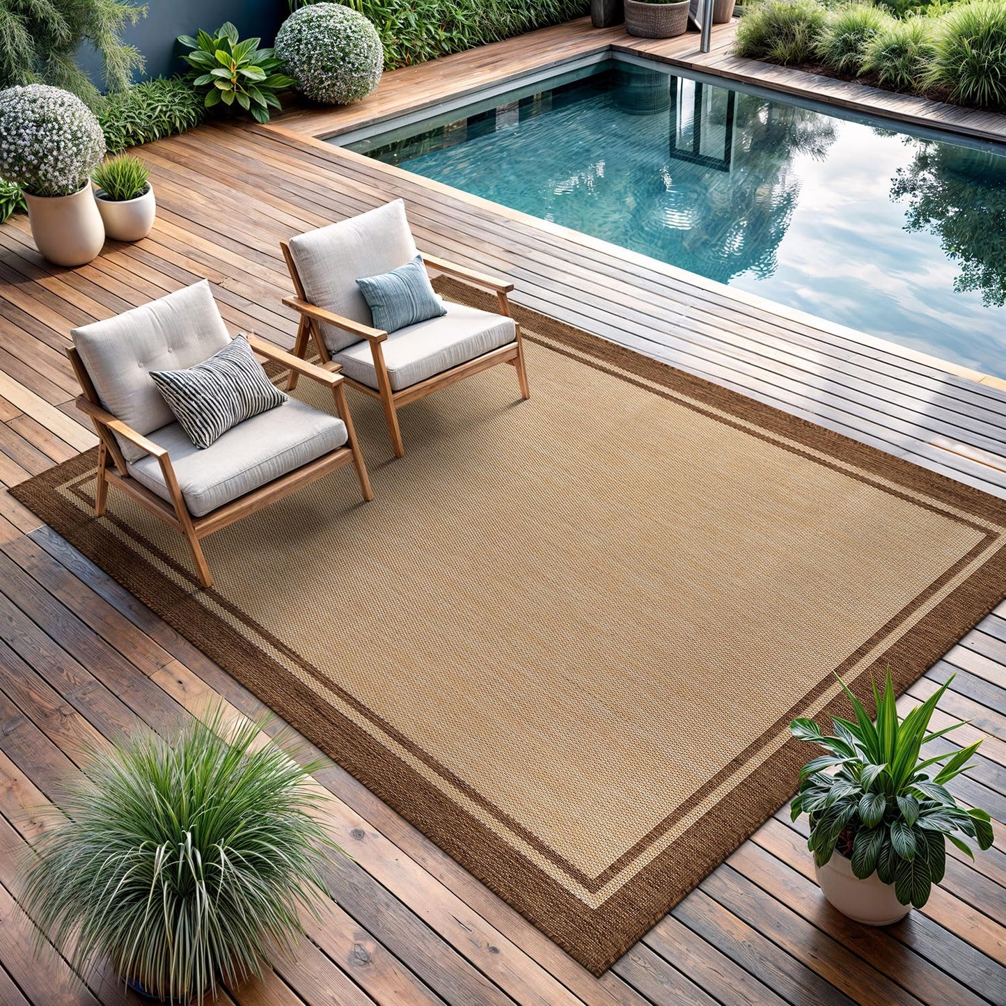 CAMILSON Outdoor Rug 5x7 Bordered Natural Brown Modern Area Rugs for Indoor and Outdoor Patios, Kitchen and Hallway Mats, Washable Porch Deck Outside Carpet (Border Jute, 5 x 7)