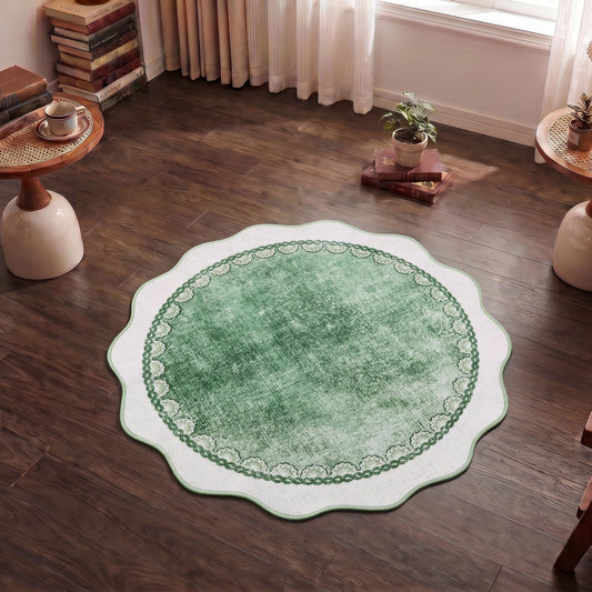 Asrug Scalloped Rug 3ft Round Rug Sage Green Vintage Washable Non Slip Area Rug Soft Low Pile Scalloped Circle Rugs for Cottage core Nursery Decor Living Room Bedroom Dining Room Playroom