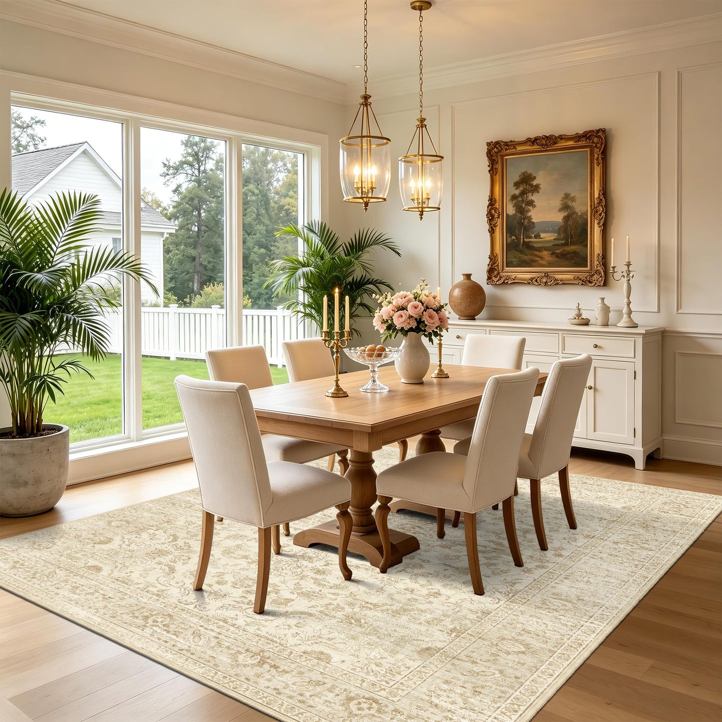 TTelephant Beige Living Room Rugs 8x10, Neutral Vintage Boho Carpet for Bedroom and Dining Room, Low Pile Nursery Indoor Area Rug with Non-Slip Silicone Backing, Non-Shedding