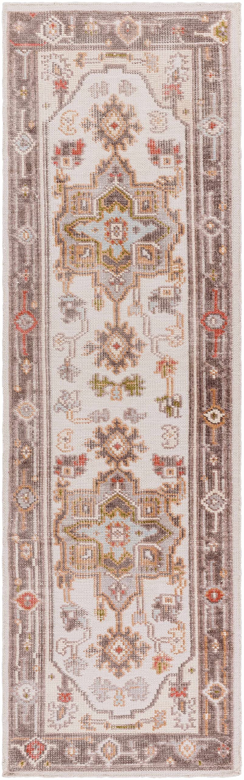 Hauteloom Hinapalanan Recycled Material Area Rug - Medallion Border Floral Geometric Distressed - Traditional Oriental Transitional - Medium Gray, Light Gray, Charcoal, Cream, Brown - 2' x 3'