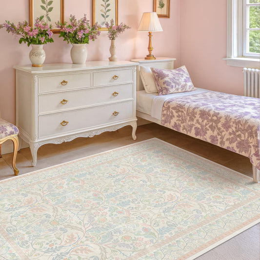 Washable Blue and Pink Rug 5x7 - Baby Girls Nursery Rug Non Slip, Soft Pastel Kids Playroom Decor Carpet, Light Blue and Green Oushak Floral Bedroom Living Room Dorm Carpet (Green and Pink)