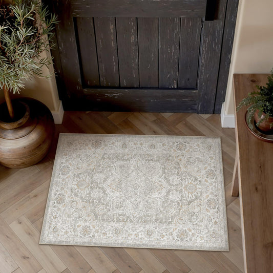 HUGEAR 2x3 Washable Area Rug for Living Room Bedroom Beige Grey Vintage Soft Carpet Small Rug Non-Shedding & Non-Slip Indoor Home Decor Dining Laundry Room Kitchen Floor Mat