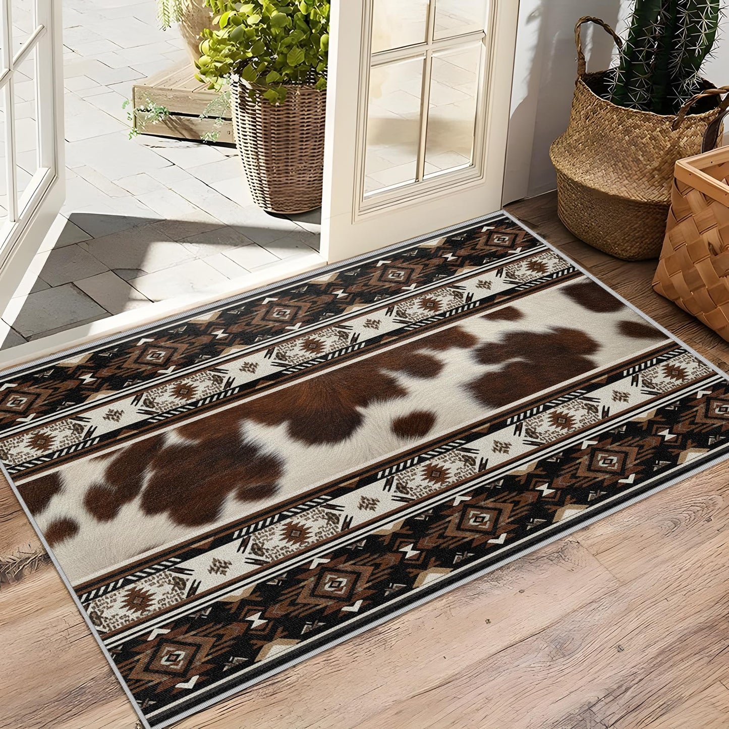 SherAvant Aztec Area Rugs - Cowhide Southwestern Tribal Rug 3x5, Cabin Rustic Washable Lightweight Carpet Room Decor (Brown/Black)