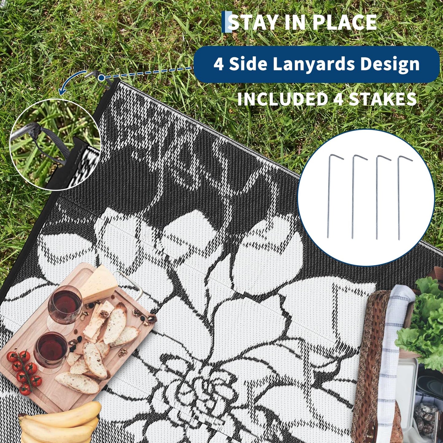 IDEALHOUSE Reversible Outdoor Rug, 320GSM Recycled Plastic Patio Rug, Lightweight Folding Camping Mat with Carry Bag and 4 Stakes, for RV, Picnic, Beach, Balcony, Black White, 9x18 ft