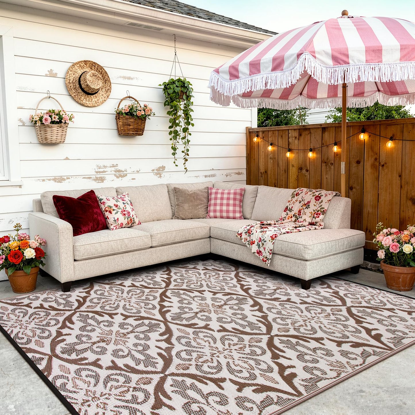 Lahome Outdoor Area Rugs 8x10 Patio Waterproof, Reversible Plastic Straw Rv Outdoor Rugs for Camping, Large Indoor Outdoor Carpet for Porch Deck Backyard Camper Picnic, Khaki 8'x10'